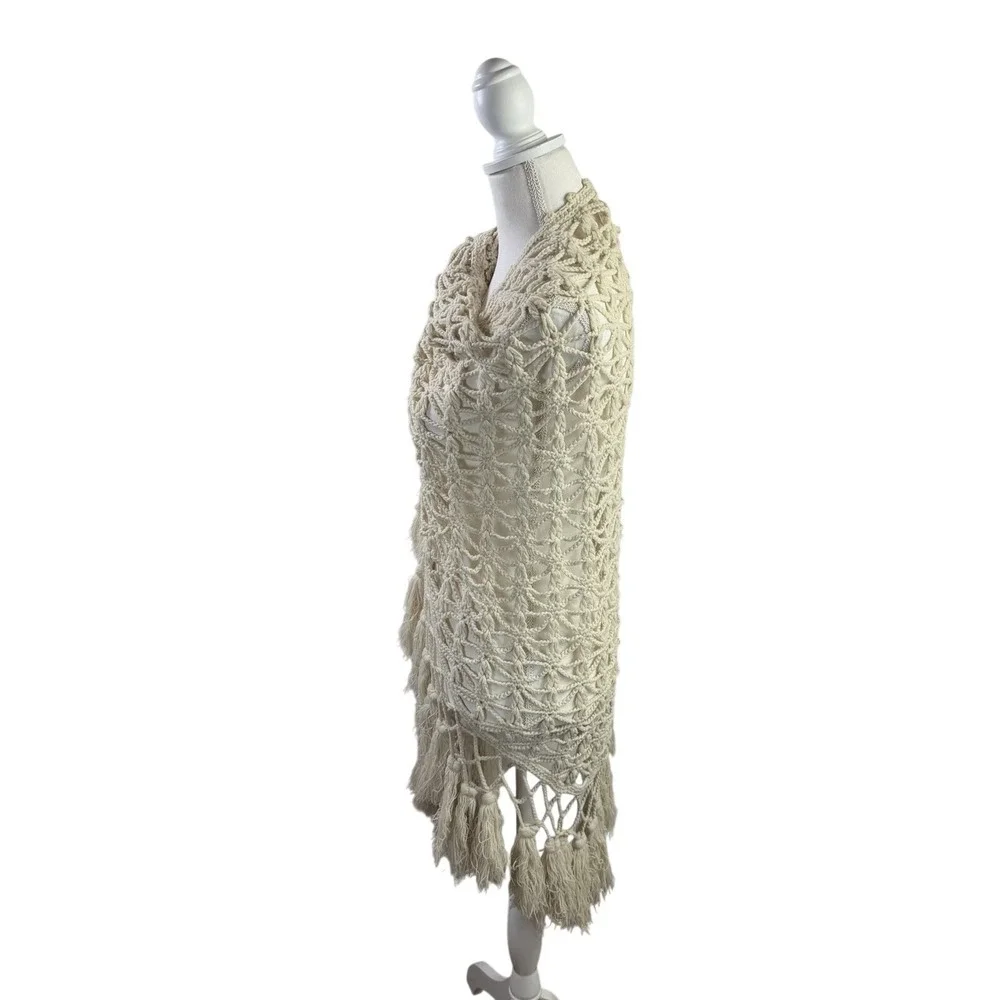 Handmade Wool Blend Crochet Wrap Shawl Beige Boho